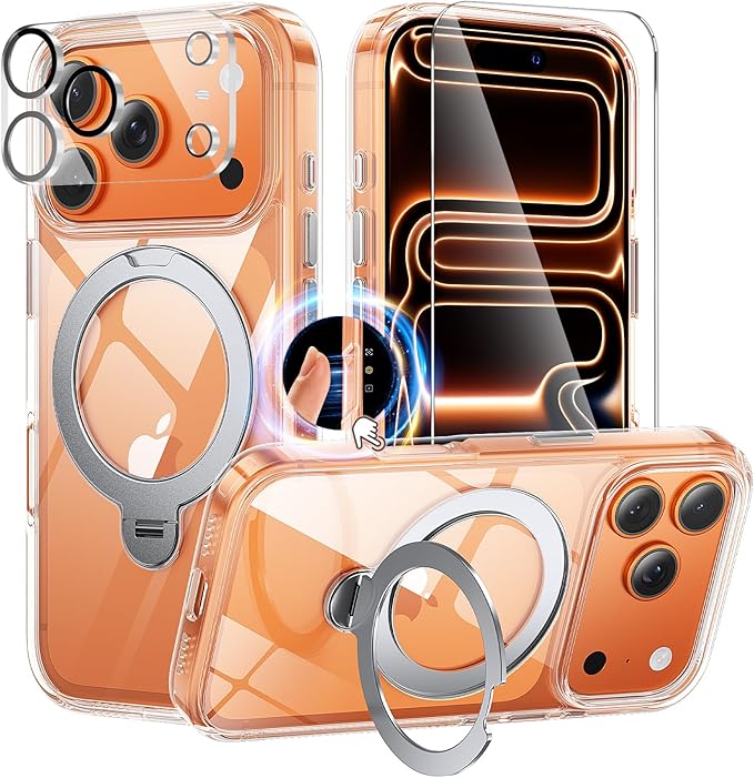 360°Ring Stand for iPhone 17 Pro Max Case with 1X Screen Protector +1X Camera Cover,Fit for MagSafe, Anti-Yellowing & Scratch-Resistant Back Phone Case for iPhone 17 Pro Max 6.9", Clear