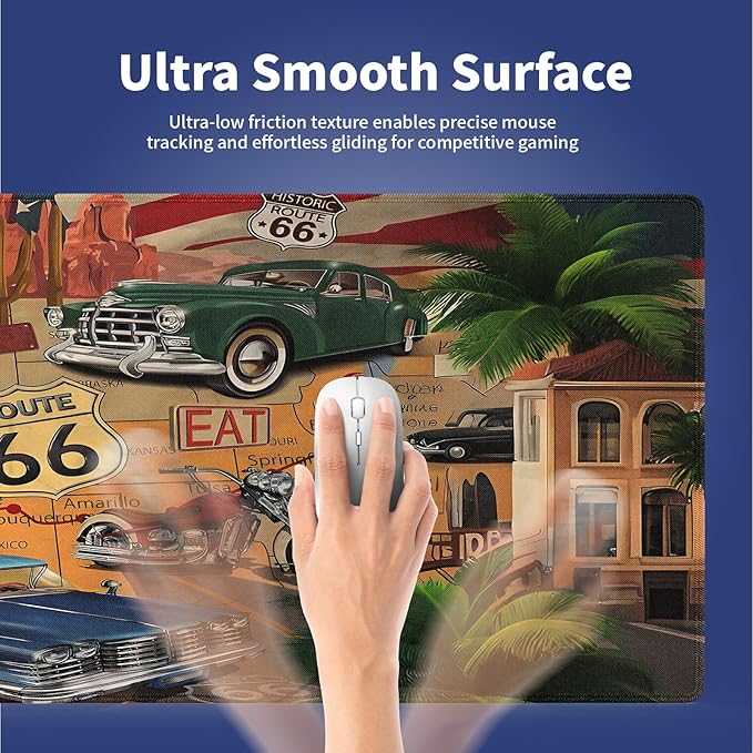 Extra Large Gaming Mouse Pad (31.5" x 11.8") – Celebration of Historic Route 66 & Retro Cars Motorcycle on a Map Road Trip Vintage Americana, XXL Desk Mat with Durable Stitched Edges