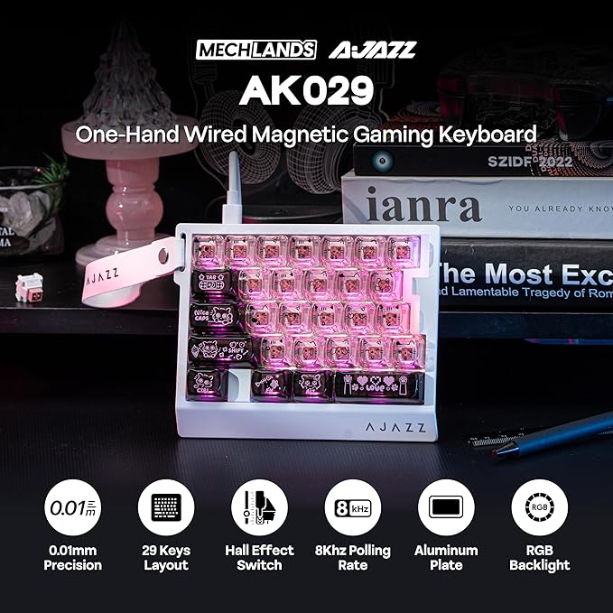 MechLands AJAZZ AK029 One Handed Gaming Keyboard, 8Khz Polling, 29 Keys Rapid Fast Wired Keyboard, SOCD & DKS, Magnetic Switch, Adjustable Actuation, RGB Backlits, Aluminum Plate (Black Pink)