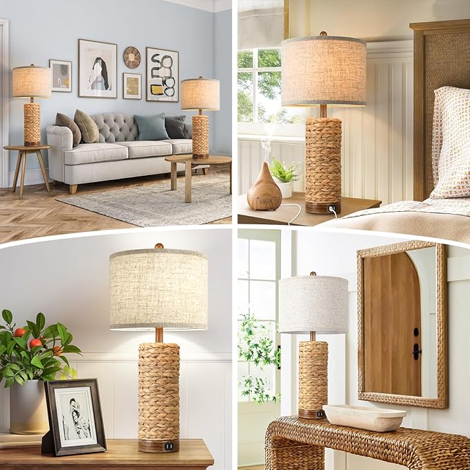 Rattan Table Lamp for Living Room with 2 USB Ports, 27In Tall Bedroom Table Lamp with Hand-made Seagrass Base, Rustic Farmhouse Large Bedside Nightstand Lamp for End Table, E26 Socket, Rotary Switch