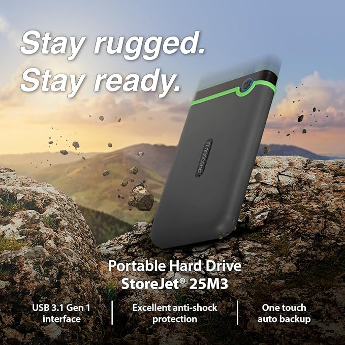 Transcend StoreJet 2TB Rugged External Hard Drive, USB3.1(5Gbps) Portable HDD w/One Touch Auto-Backup Button/Anti-Shock Resistant/Compact&Lightweight/Lightning-Fast Speeds, Iron Gray - TS2TSJ25M3S