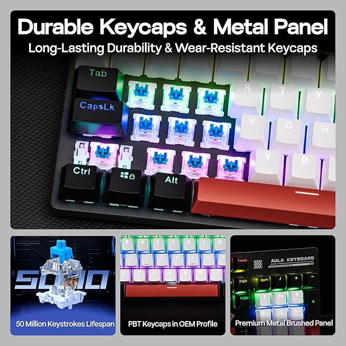MechLands Aula S500 Wired Gaming Keyboard, 100% Full Size Mechanical Keyboard with Number Pad, 104 Keys, NKRO, RGB Backlits, Shine Through Keycaps, Ergonomic for PC E-Sports (Black&Red, Blue Switch)