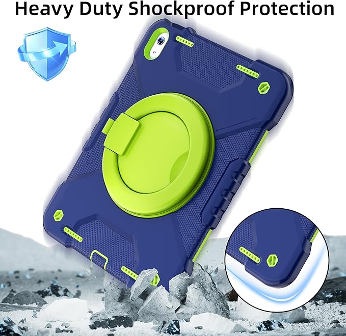 Andnary Case for iPad (A16) 11th Generation 11 inch 2025/10th Generation 10.9 inch 2022, Shockproof Cover with Screen Protector/360° Rotate Handle/Bracket/Pen Holder/Shoulder Strap (Navy+Green) | (A16), 2025, 2022, Heavy Duty, Shockproof Cover