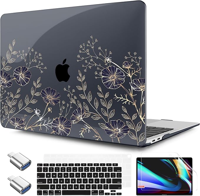 TWOLSKOO for MacBook Air 13.3 inch Case 2021 2020 2019 2018 Release M1 A2337 A2179 A1932 with Touch ID, Plastic Hard Shell Case & Keyboard Cover & Type C Adapter, Golden Flowers