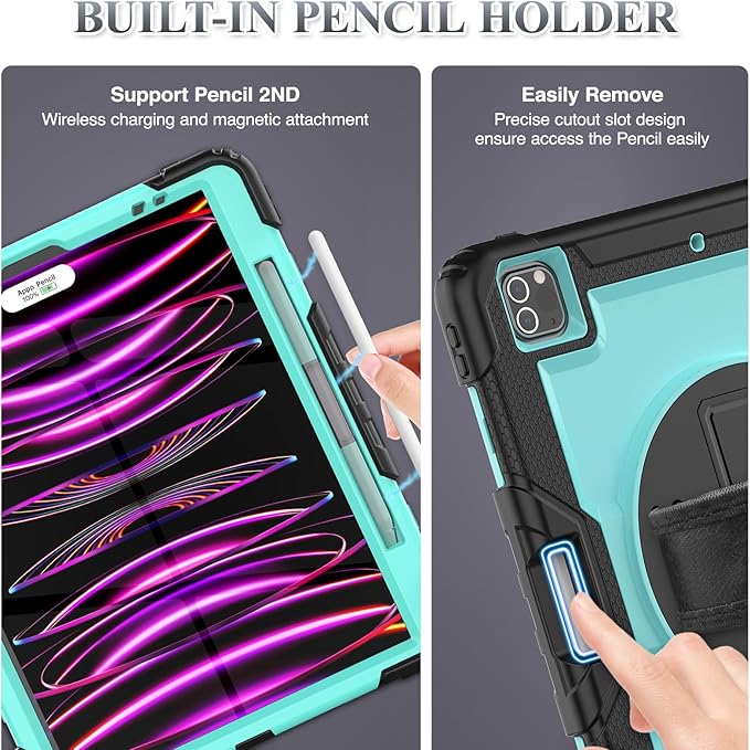 SEYMAC stock Case for iPad Pro 12.9'' 2022/2021/2020/2018 with Screen Protector 360 Rotating Stand Hand Strap, Drop-Proof Case for iPad Pro 12.9''(6th/5th/4th/3rd Generation), SkyBlue/Black