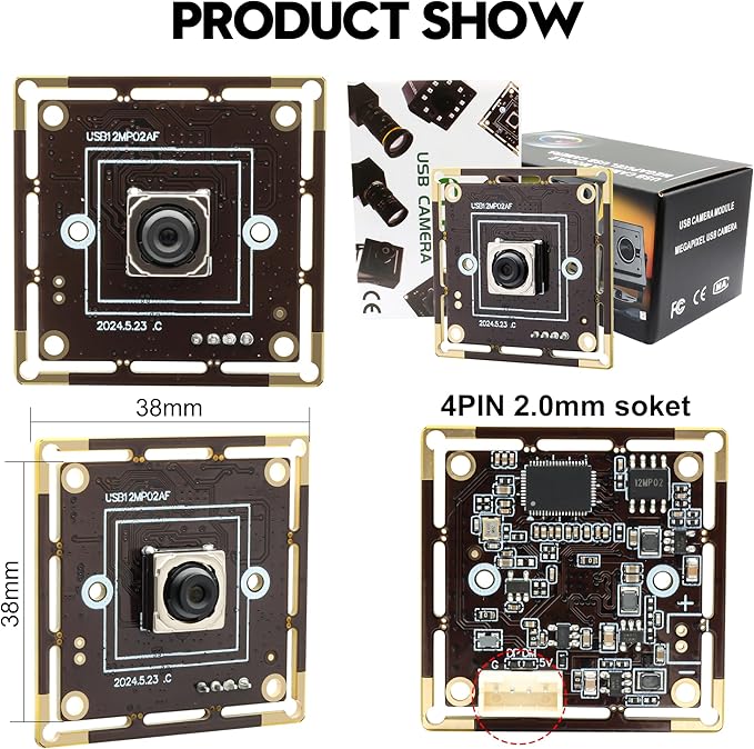 PDAF USB Camera Module 12MP 300ms Fast Autofocus 4K Webcam Module High Speed 3000P 15fps 1080P 60fpswith 65 Degree No Distortion Lens Cam Plug and Play for Raspberry Pi Windows Mac OS