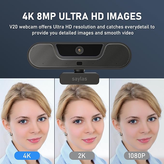 saylas 4K Webcam with Microphone and Speaker, Wide Angle 112°, Remote Control, Autofocus, Digital Zoom, Privacy Cover, Plug & Play Web Streaming Camera for Computer, USB Webcam for Pc