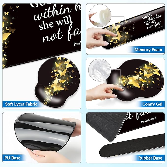 Desk Mat Set + Keyboard and Mouse Pad with Wrist Rest Support,4-in-1 Large Mousepad Computer Mats for Desktop Home & Office-Golden Butterflies