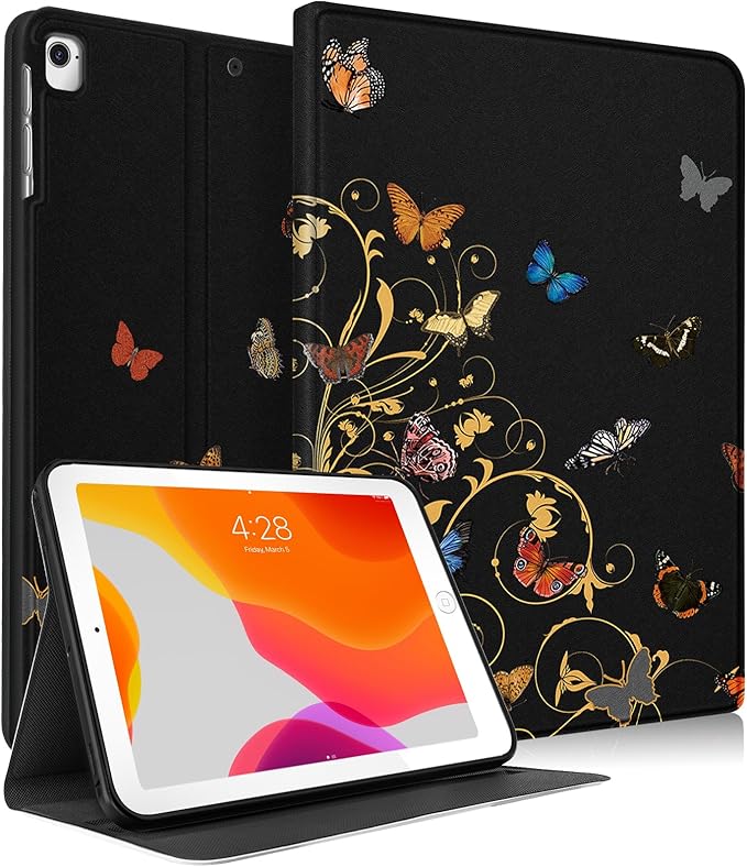 Uppuppy iPad Case for 5th/6th Gen, Air 1st/2nd Gen, Pro 9.7 Inch - Cute Black Butterfly Design Folio Cover for Kids, Women, Girls