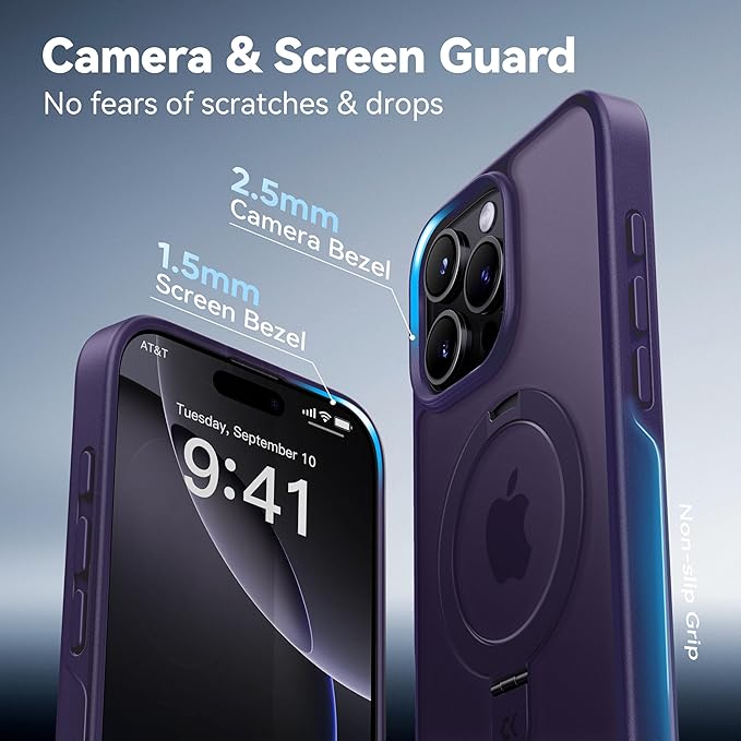 CASEKOO Ultra-Magnetic Stand for iPhone 16 Pro Max Case [Military Drop Protection] [Compatible with MagSafe] Shockproof Translucent Matte Slim Ring Holder Case for iPhone 16 ProMax 6.9", Purple