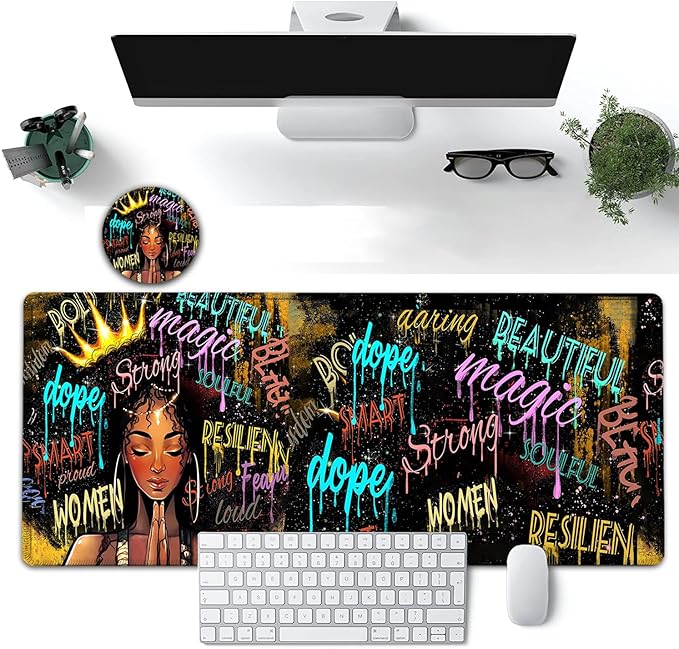 Large Mouse Pad, 31.5 x 11.8in Extended Gaming Mouse Pad with Stitched Edges,XXL Mousepad Protector Non Slip Rubber Base for Office Home Writing Mat,African American Black Women Graffiti Girl Desk Mat