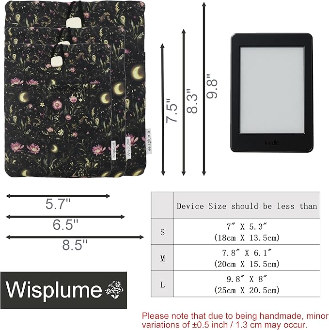 Padded eReader Sleeve Tablet Bag Pouch for eReader Paperwhite, Colorsoft,Signature Edition, Voyage,Scribe/Kobo eReader,Floral Book Protector for Paperbacks and Small Hardcovers(Black,Medium)