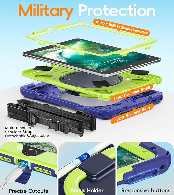 BATYUE Case for iPad 6th Generation 9.7 inch 2018, iPad 5th Gen 2017, iPad Air 2/ iPad Pro 9.7'',Shockproof Protective Cover with Pencil Holder &Rotating Bracket &Shoulder Strap (Navy Blue+Lime)