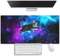 Large Gaming Mouse Pad (31.5" x 15.8") - Cute Flying Space Cat Funny Lovely Kitten Playing Blue Purple Galaxy Nebula, Extra XXL Extended Office Accessories, Premium Stitched Anti-Slip Desk Mat