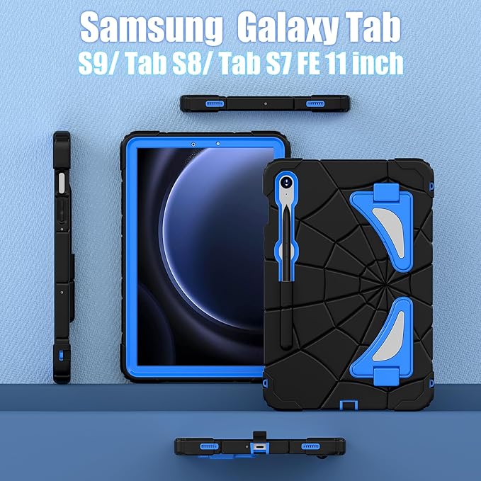 AKABEILA Compatible with Samsung Galaxy Tab S7/S8/S9/S9 FE 11 inch(2023) Tablet Case，Lightweight Shockproof Rugged Protective Cover with Kickstand for Kids Children Boys Babies Black Blue