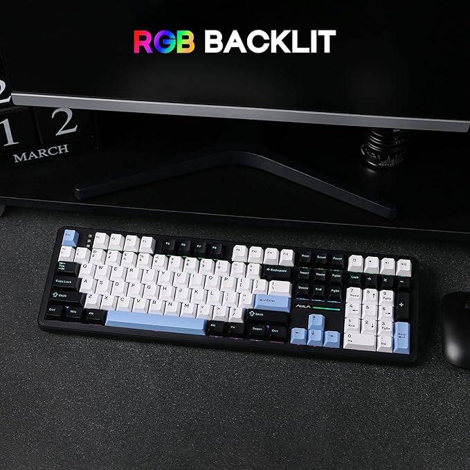 EPOMAKER Aula F108 Wireless Gaming Keyboard, Full Size Mechanical Keyboard with 4000mAh Battery, 108 Hot-Swappable and Programmable Keys, RGB Backlight, for Mac/PC/Android (Blue&White&Black)