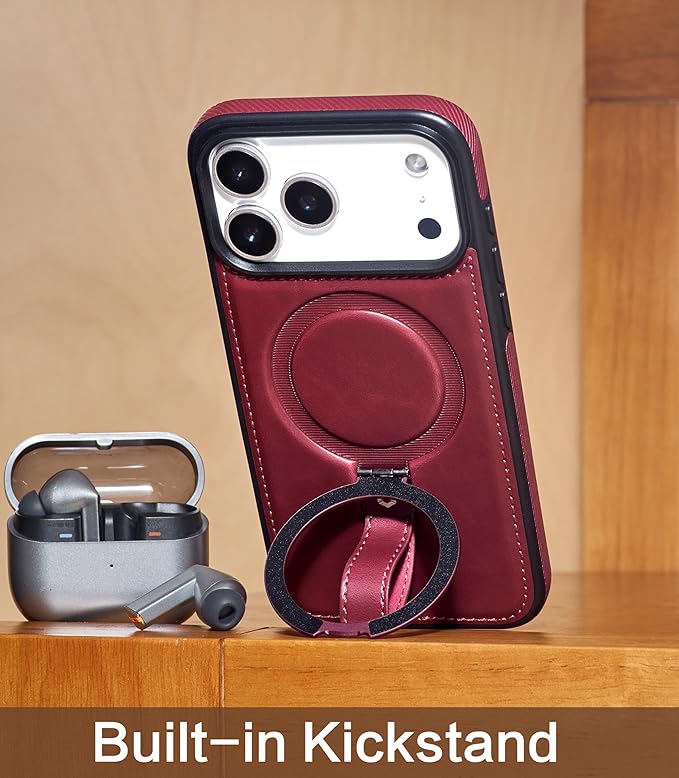 Butaiga for iPhone 17 Pro Leather Case with Stand, Anti-Slip Grip Ring, Fits for MagSafe (Burgundy, iPhone 17 Pro)