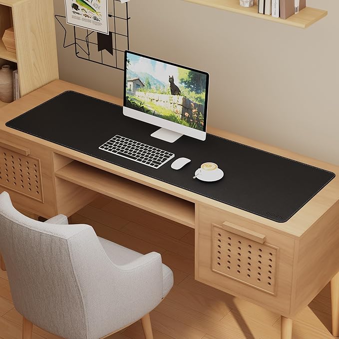 Chihein 55” x 20” Cork & PU Leather Desk Mat (Black) - Huge Mouse Pad, Double Sided Waterproof Desk Pad Protector for Gaming, Office, Home