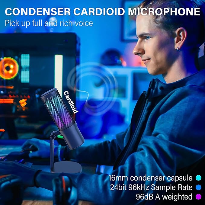 ANSTEN Gaming Mic, USB Condenser Microphone for PC/PS4/PS5/ Mac, RGB, Mute Touch, Pop Filter, Gain Knob, Monitoring for Streaming Podcast