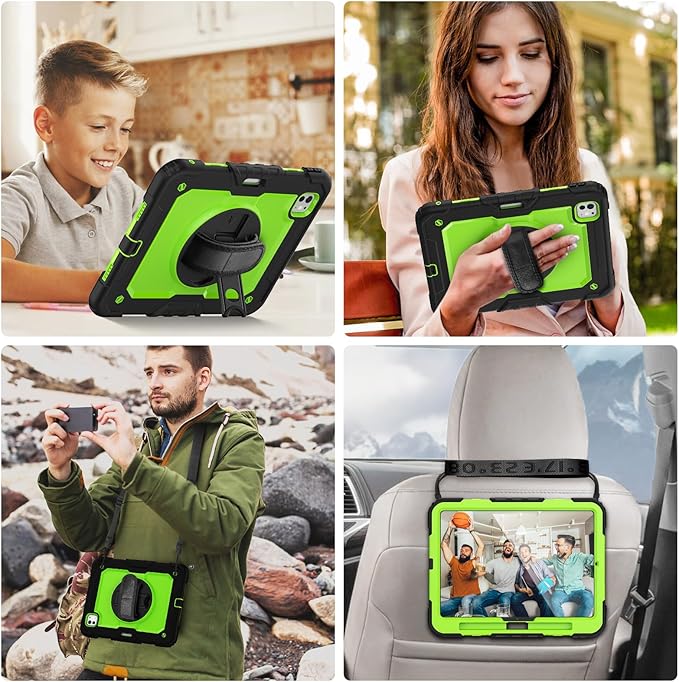 iPad Pro 11 Case 2024 Model A2836/A2837/A3006 with Screen Protector | Shockproof Rugged Protective Case W/Stand Hand Strap Shoulder Strap Support Apple Pencil Pro Charging | Green