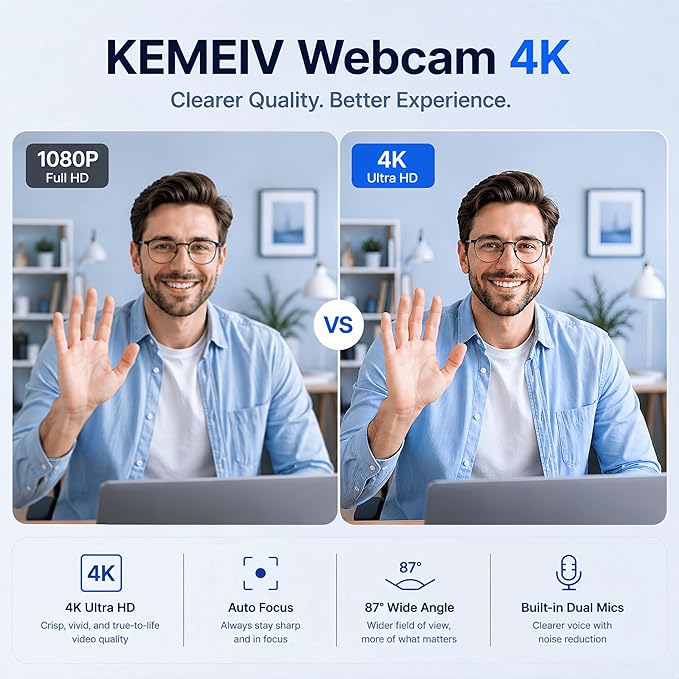 C65 4K Webcam for PC with Autofocus, USB Webcam with Dual Noise-Reducing Mic, Auto White Balance, Low Light Correction, Privacy Shutter, Tripod Included, Streaming Camera for Laptop Desktop Zoom Teams