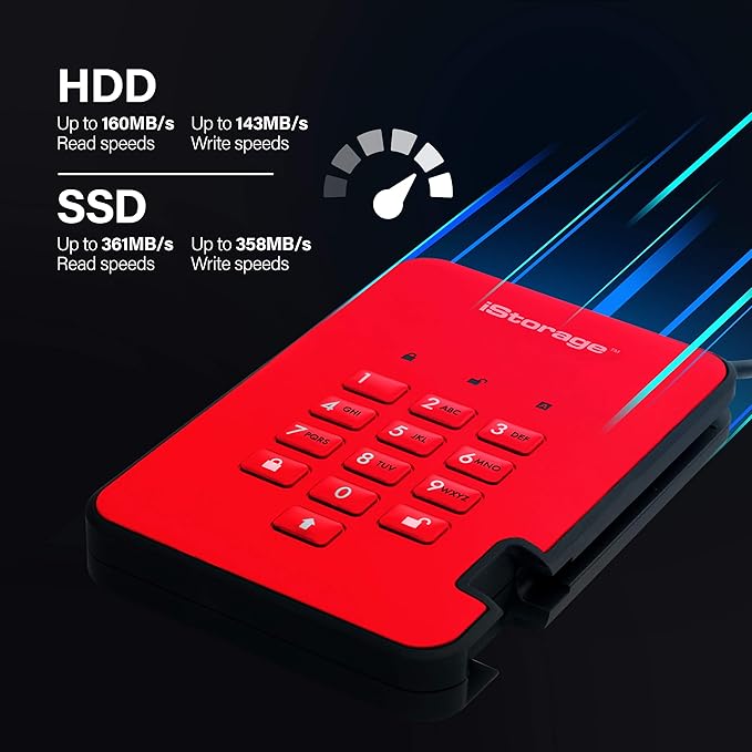 iStorage diskAshur2 HDD 3TB Red | Secure portable hard drive | Password protected | Dust & water resistant | Hardware Encryption