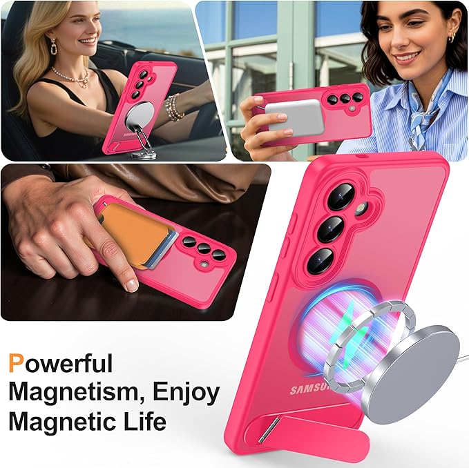 Magnetic for Samsung Galaxy S26 Case, [Compatible with MagSafe][Full Camera Protection][Built-in Invisible Kickstand] Translucent Matte Phone Case for S26 6.3" - Hot Pink