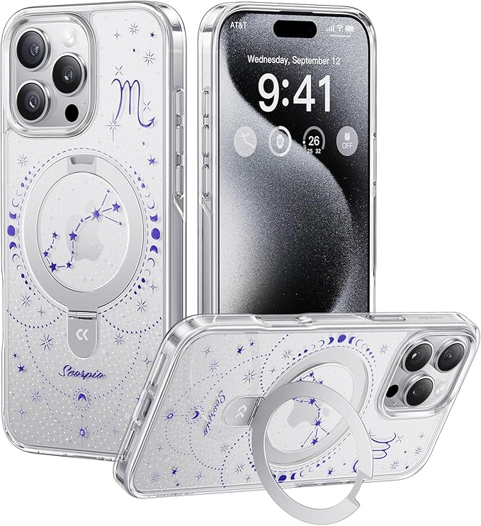 CASEKOO Scorpio [Zodiac Collection] for iPhone 16 Pro Case with Magnetic Ring Stand [Compatible with MagSafe] [Military-Grade Protection] Fashion Clear Back Design, Soft Edge