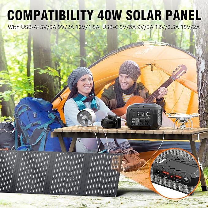 SinKeu Solar Powered Generator 300W Peak/70400mAh, 260Wh Portable Power Station with Panels 40W Included, Solar Generator with AC Outlet 110V for Home Use, Camping, Outdoor, Power Backup