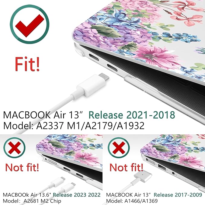 TWOLSKOO Hard Shell Case Keyboard Cover Skin Screen Protector for 2021-2018 Release MacBook Air 13 inch Model A2179 A1932 A2337 M1, Colorful Hydrangea