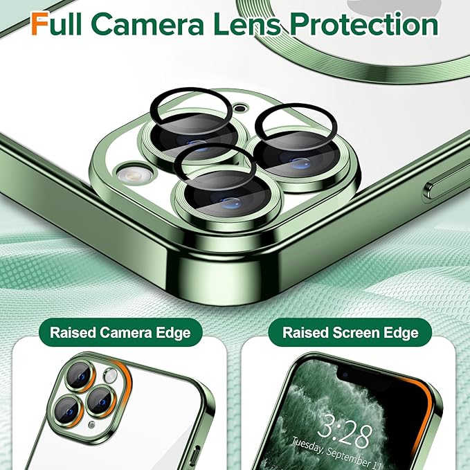 Hython Magnetic Clear for iPhone 11 Pro Max Case with Camera Lens Protector [Compatible with MagSafe] Plating Edge Slim Soft TPU Cover Protective Phone Case for iPhone 11 Pro Max 6.5", Deep Green