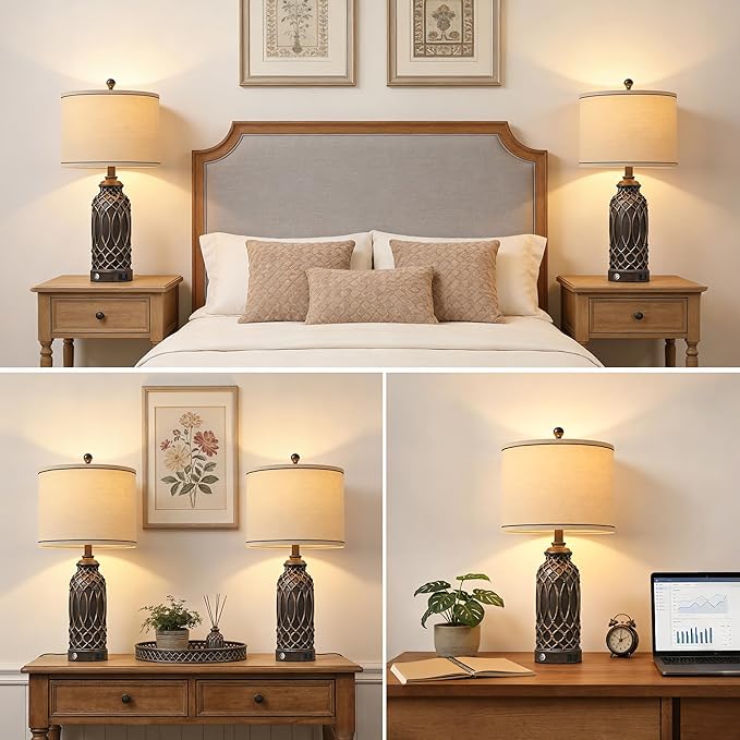 WIHTU Farmhouse Table Lamps Set of 2, Black-Gold Resin Table Lamps with USB Ports, Touch Button Switch, Woven Wicker Pattern, Linen Shade, Nightstand Lamp for Decor (2 Bulbs Included)