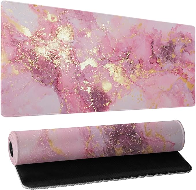 Gold Pink Marble Mouse Pad Extended Large 31.5x11.8in Coquette Kawaii Desk Mat Preppy Trendy Computer Mousepad XL Non-Slip Rubber Base Stitched Edge Rose Gold Mousepad PC Desk Pad for Work Desktop