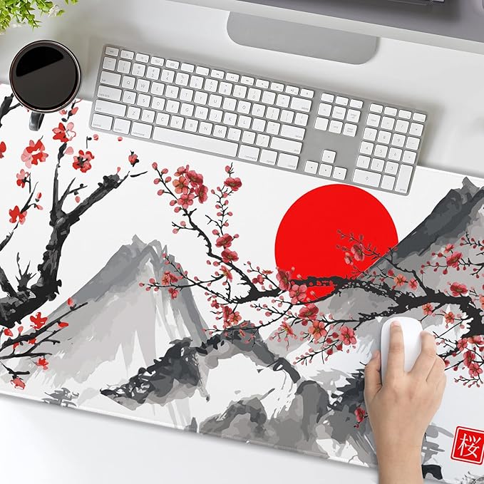 Extended Gaming Mouse Pad XL，White Japanese Cherry Blossom Large Mouse Mat Desk Pad, Extended Stitched Non-Slip Rubber Edges Mousepad 31.5 X 11.8 Inch