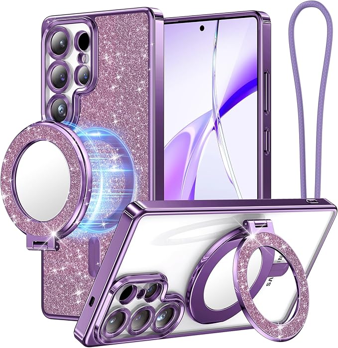 Meifigno Magnetic Case with Removable Phone Ring Stand for Samsung Galaxy S25 Ultra, [Glitter Card & Wrist Strap] [MagSafe Compatible] [Built in Mirror] Phone Ring Stand + Phone Case Kit, Purple