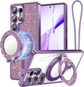 Meifigno Magnetic Case with Removable Phone Ring Stand for Samsung Galaxy S25 Ultra, [Glitter Card & Wrist Strap] [MagSafe Compatible] [Built in Mirror] Phone Ring Stand + Phone Case Kit, Purple