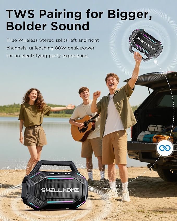 ShellHome Bluetooth 6.0 Speakers Outdoor, 80W(Peak) Loud Speaker with Bass, 30H Playtime, IPX6 Waterproof, RGB Lights, BassUp 2.0, TWS, Portable Large Jobsite Speakers for Workshop, Garage,Yellow