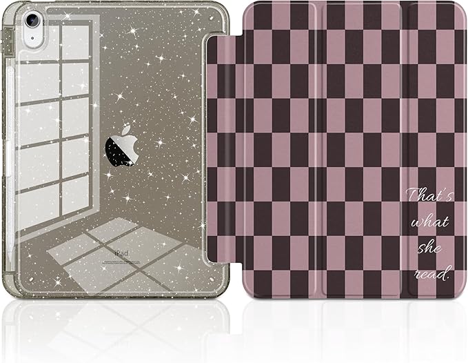 DONGKE for iPad Pro 11 inch Case – Fits M5 2025 / M4 2024, Shockproof Sparkling Glitter Acrylic Back, Pencil Holder, Trifold Stand, Auto Sleep/Wake & Touch ID Support - Brown Gingham