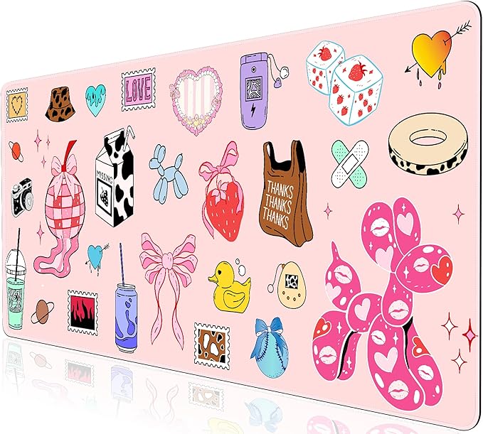 L-SPOUTTO Cute Desk Mat for Keyboard and Mouse,XXL Large Mouse Pad Non-Slip Keyboard Pad Waterproof Desktop Mat for Laptop Computer Work Game Home Office-Cartoon Pink
