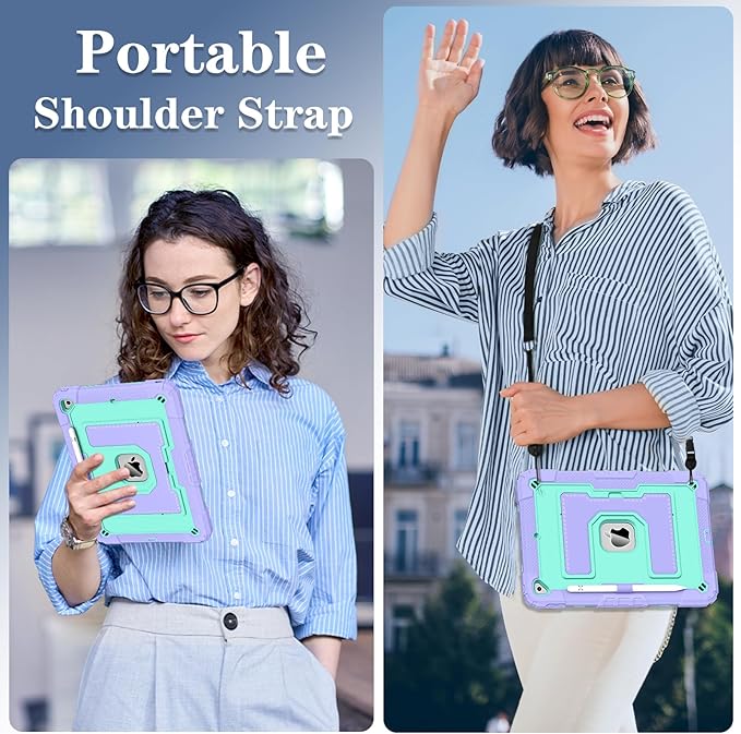 Kids Friendly Case for Apple iPad 10.2" 9th 8th 7th Generation 2021/2020/2019 Case with Pencil Holder & Shoulder Strap, Military Grade Shockproof Kickstand Hard Shell Protective Cover,Purple+Mint