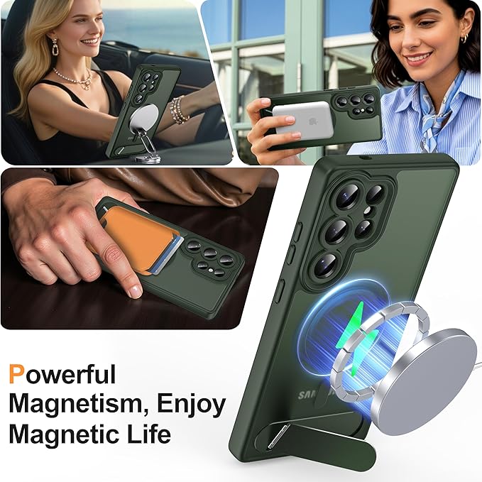 Magnetic for Samsung Galaxy S25 Ultra Case, [Compatible with MagSafe][Full Camera Protection][Built-in Invisible Kickstand] Translucent Matte Phone Case for S25 Ultra 6.9" - Green