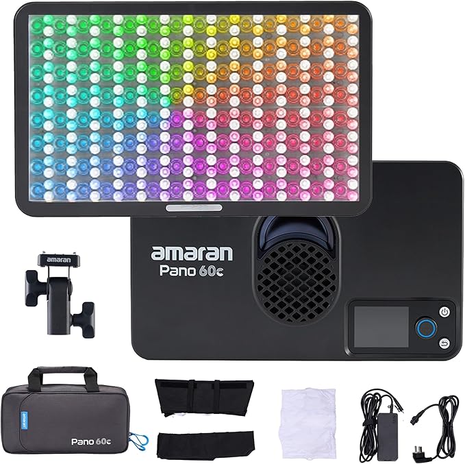 Amaran Pano 60c Kit Led Video Panel Light 60W RGBWW Full Color Lights,CCT 2,300K-10,000K,12 Lighting Efects,App Control,Support USB-C PD,with Softboxes and Carrying Case (Charcoal)