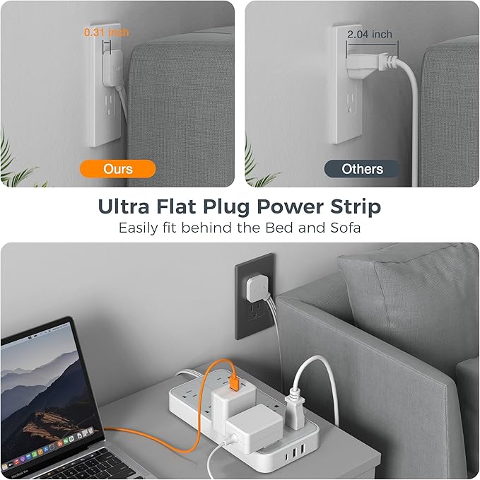 TESSAN Power Strip Surge Protector, 10FT Flat Plug Extension Cord with 8 Outlets 3 USB Charger(1 USB C), 1080 Joules Protection, Wall Mountable Charging Station for Home Office Dorm, Gray