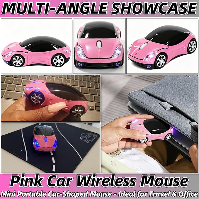 Pink Wireless Mouse，Mini Car Computer Mouse，1600DPI 2.4G Wireless with USB Receiver Wirelesss Car Mouses for Computer for PC, Laptop, Tablet Win XP/Vista/7/ME/2000/Mac OS for Womens Office Girls Gift