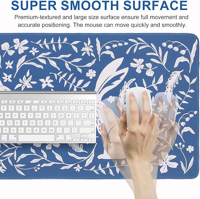 L-SPOUTTO Blue Floral Desk Mat for Keyboard and Mouse,Boho XXL Gaming Mouse Pad,Large 35.4x15.7in Non-Slip Rubber Base Keyboard Pad Waterproof Desktop Mat for Laptop Computer Work Home Office-Rabbits