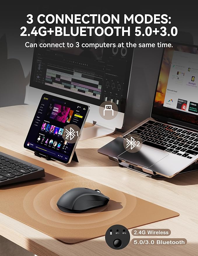 TECKNET Bluetooth Mouse, [ USB + BT1 + BT2 ] Wireless Mouse for Laptop, Silent Click, Ergonomic Design, 4800 DPI Computer Mice Wireless, Dual Mode for Laptop, Computer, iPad, MacBook
