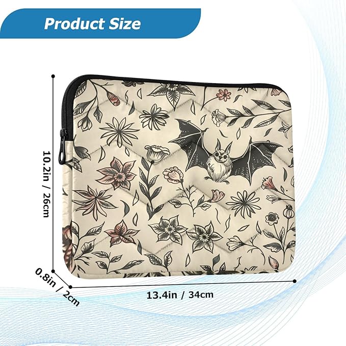 Cute 13 Inch Goth Bat Flowers Laptop Sleeve - Waterproof Computer Cover Bag for Women & Men