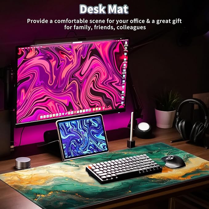 Gaming Mouse Pad, Keyboard Mouse Pad 31.5x15.7 inch XXL Large Computer Laptop Cool Desk Mat with Non-Slip Rubber Base and Stitched Edge for Home Office Work, Green Orange Marble