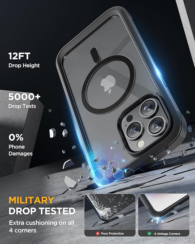 Miracase Magnetic for iPhone 15 Pro Case Full-Body Phone Case with Built-in Glass Screen Protector & Camera Protector, [Compatible with MagSafe] Military Drop Proof 15 Pro Cover Bumper 6.1 inch, Black