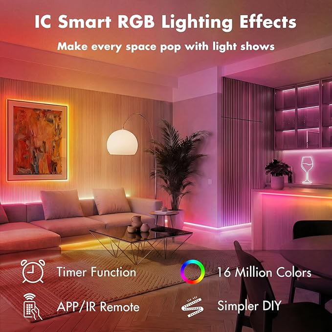 IC Smart RGB LED Strip Lights, 130FT LED Lights for Bedroom, App Control/Remote Control, Music Sync, DIY Design, Rainbow Chasing Effects, Strip Lights for Home, Party Decor